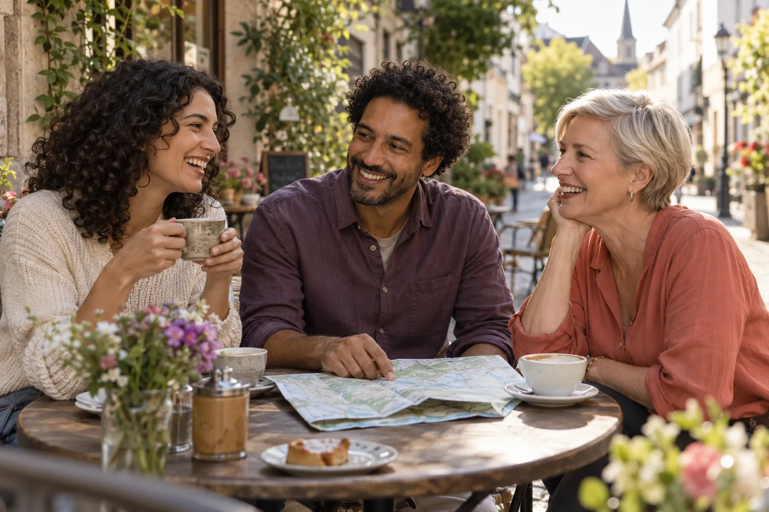 Drei Erwachsene unterschiedlicher Altersgruppen unterhalten sich bei einem Kaffee im Freien.
